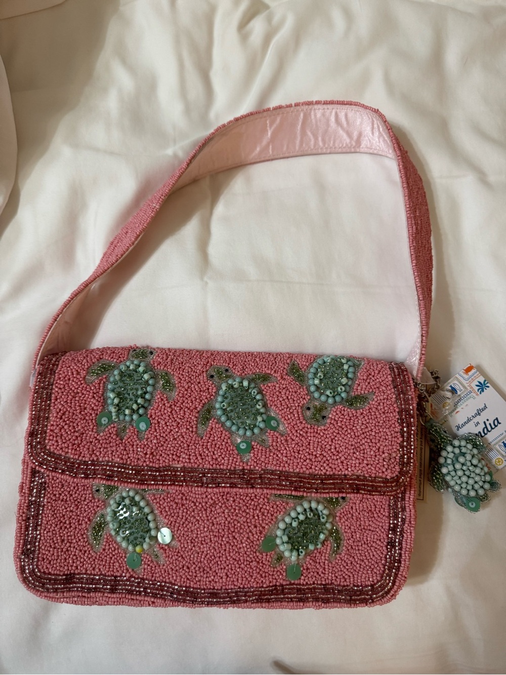Beaded Pink Turtle-Embellished Shoulder Bag